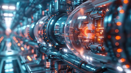 Fototapeta premium Futuristic, glowing, intricate machinery with a glowing orange core. Abstract technology concept. Photorealistic rendering.
