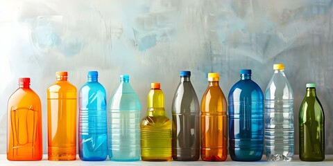 Assorted plastic bottles some empty some partially filled in various colors. Concept Recycling, Plastic Waste, Environmental Impact, Sustainable Practices