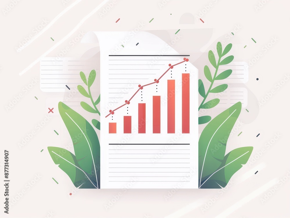Aufkleber illustrated growth chart with red graph bars on a document framed by plants, representing business s