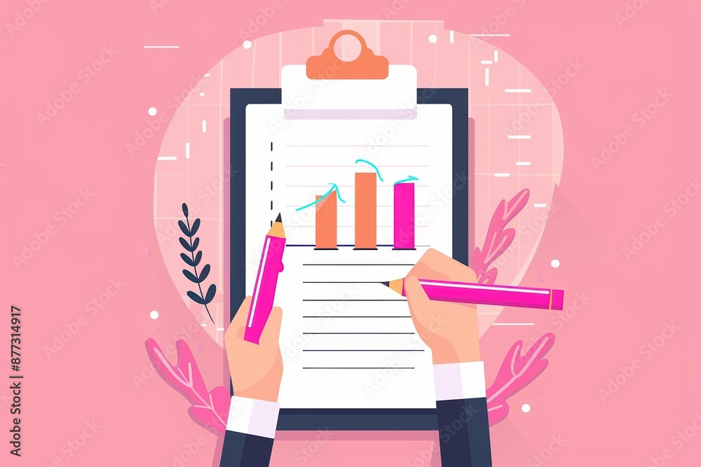 Poster hands holding pencils working on a clipboard with a bar chart against a pink backdrop, representing 