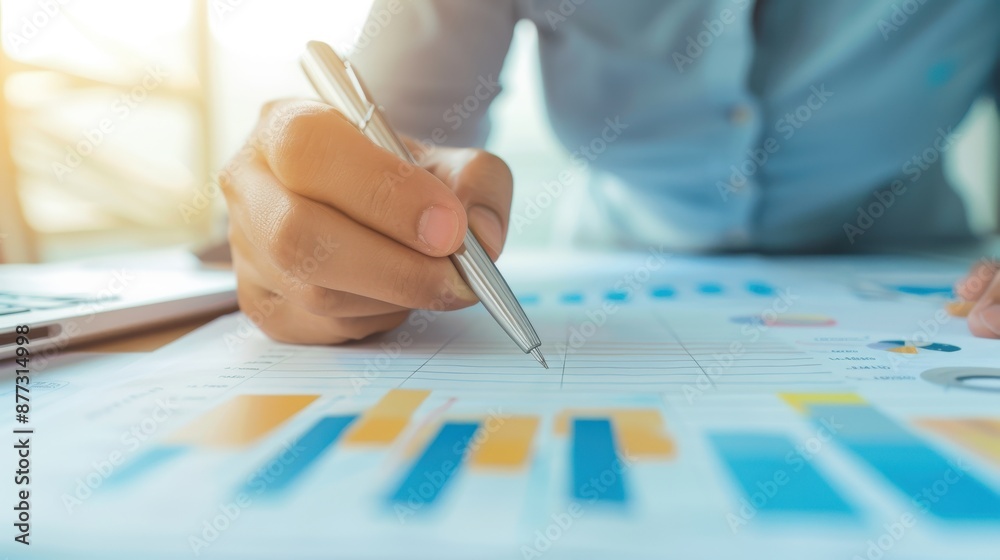 Poster hand holding a pen analyzing charts and graphs. business person working on business report with data
