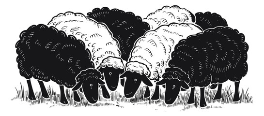Group of sheep eating grass black white vector sketch illustration, generative ai