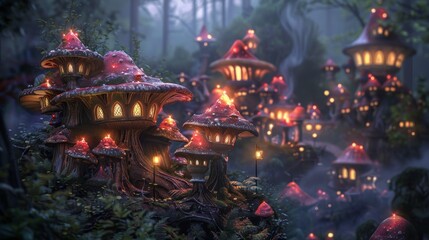 Fototapeta premium Whimsical Fairy Village Among Glowing Mushrooms with Enchanting Magical Creatures