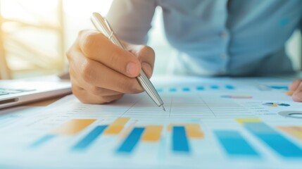 Hand holding a pen analyzing charts and graphs. Business person working on business report with data analysis on the desk in an office.