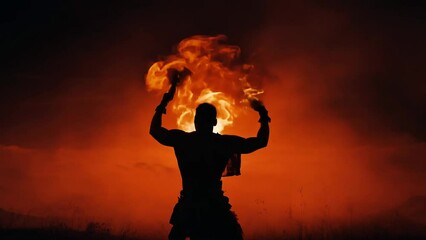 Silhouette of fire breather performing at sunset