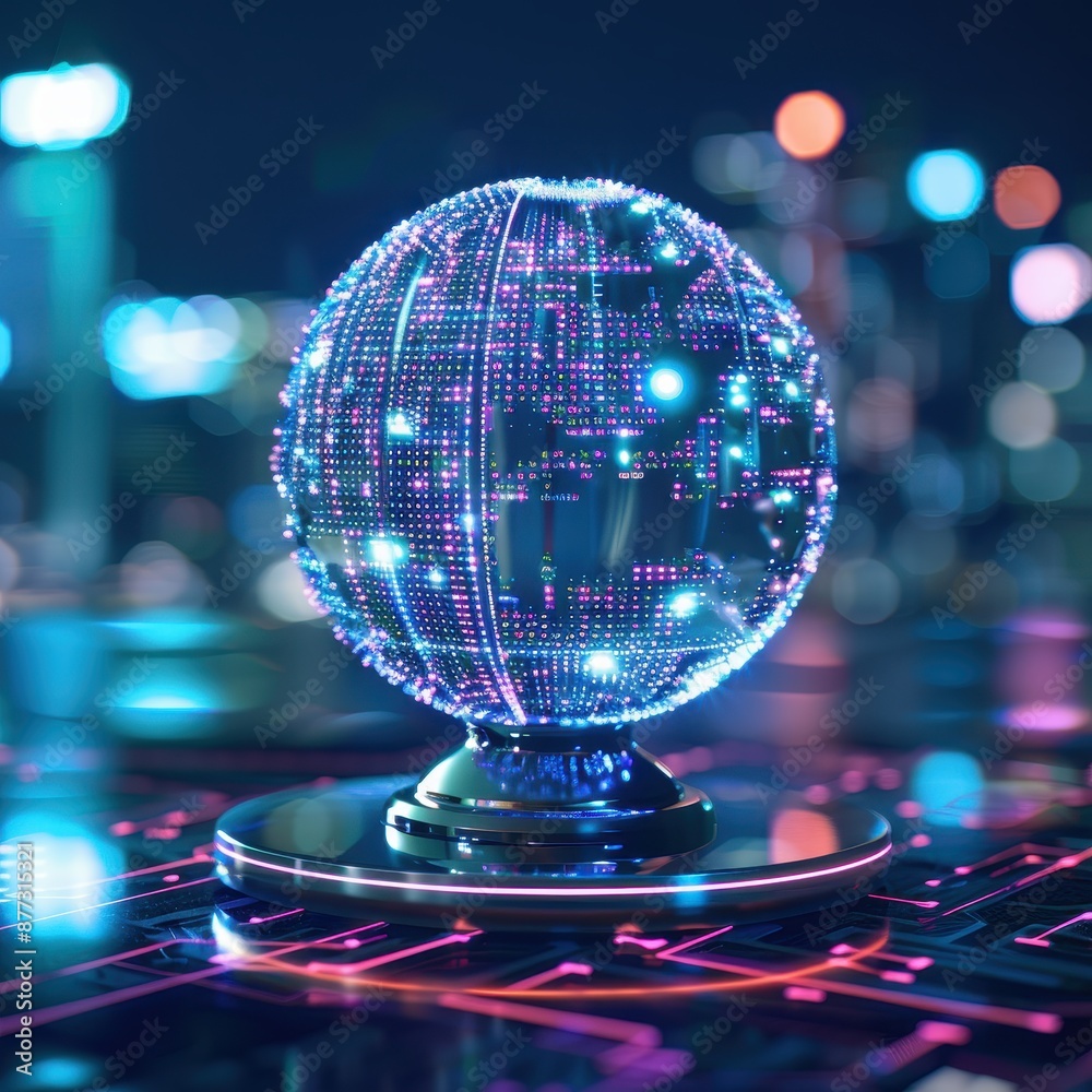 Aufkleber futuristic digital globe with vibrant neon lights and technological elements in a cityscape backgrou