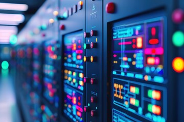 Naklejka premium Advanced renewable energy, online monitoring, futuristic power plant, holographic control panels, cuttingedge energy technology