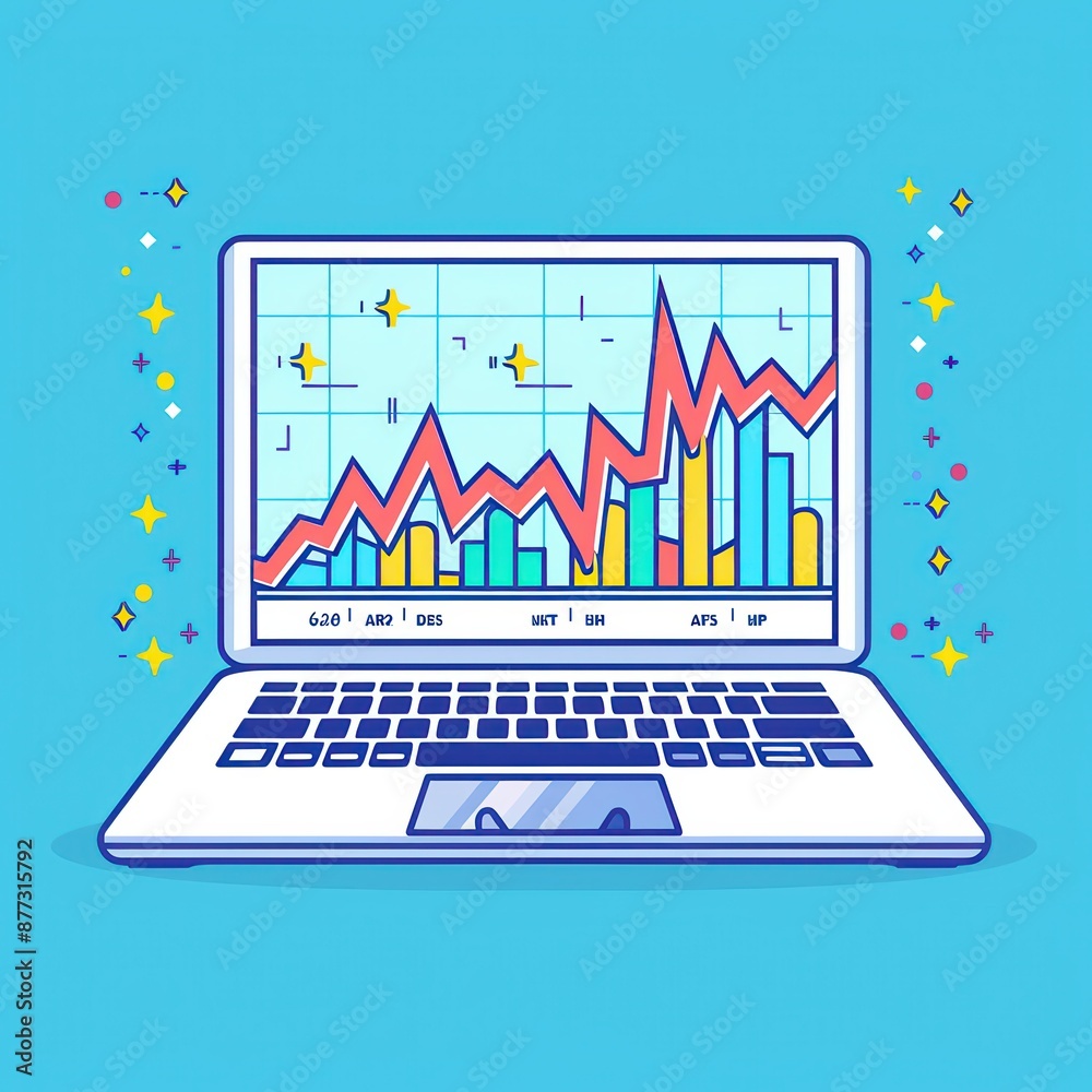 Poster Colorful laptop displaying growth charts and bar graphs, symbolizing data analytics, business growth, and success on a blue background.