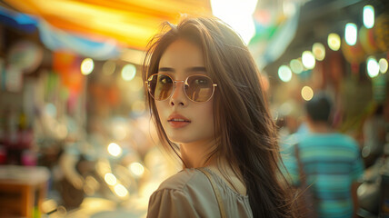 Obraz premium young cute Thai female with long hair, walking down asian market, vibrant background,generative ai
