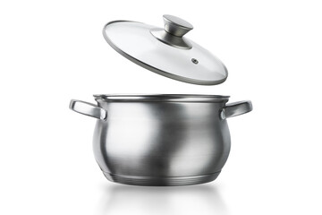 Open stainless steel cooking pot isolated on white background with clipping path. Selective focus