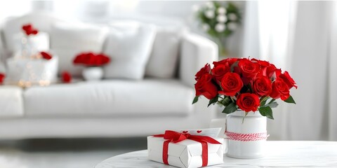 Valentines Day surprise a beautifully decorated room with roses cards or gifts. Concept Valentine's Day, Room Decoration, Roses, Cards, Gifts