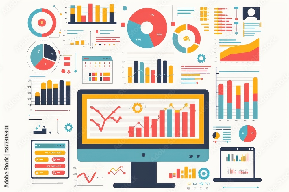 Leinwandbilder Colorful data visualization dashboard with charts, graphs, and graphs on a computer screen for analytics and presentation purposes.