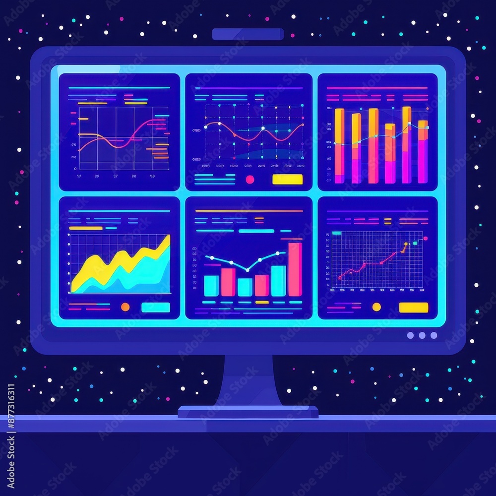 Leinwandbilder Colorful digital analytics dashboard on a computer monitor displaying various statistical charts and graphs against a starry background.
