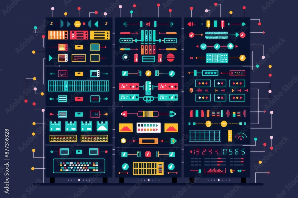 Poster Colorful data center server racks with vibrant connections and indicators, illustrating network infrastructure and digital technology.