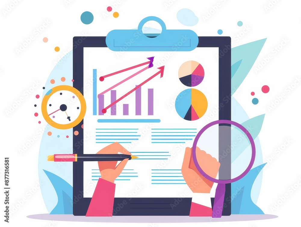 Poster Colorful business analysis with charts and graphs on a clipboard. Magnifying glass and clock representing research and time management.