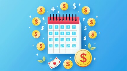 Colorful calendar with currency symbols representing savings, financial planning, and deadlines on a light blue background.