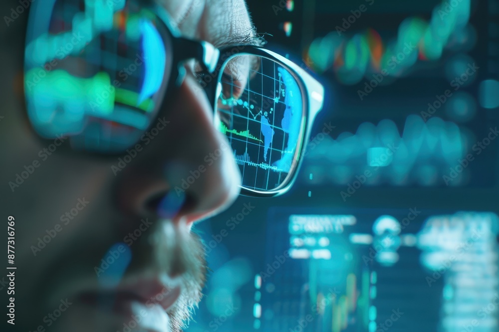 Poster close-up of person with glasses reflecting financial graphs, showcasing data analysis and stock mark