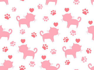 Seamless pattern with cat, paw print and red heart on white background vector.