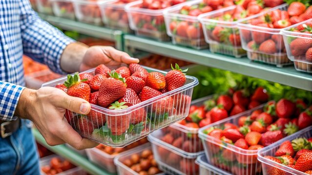man hand choosing to buy strawberry on shelves in supermarket