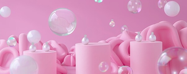 Obraz premium Minimalist pink display with floating pearl spheres and bubbly background