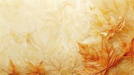 Elegant autumn background with golden and brown leaves on a marble surface, perfect for fall-themed designs and seasonal projects.