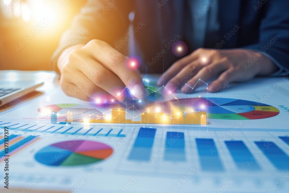 Aufkleber business professional analyzing data charts with digital graphics overlay, representing financial gr