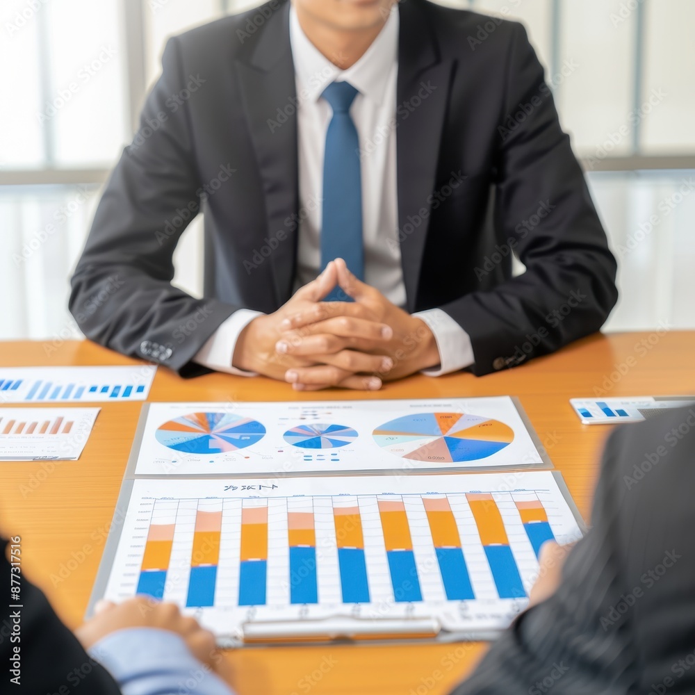 Poster business meeting with executives discussing financial charts and data analysis in a modern office se