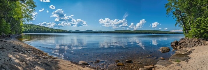 Maine Landscape. Panoramic View of Rangeley: Lakes, Trees, and Blue Sky