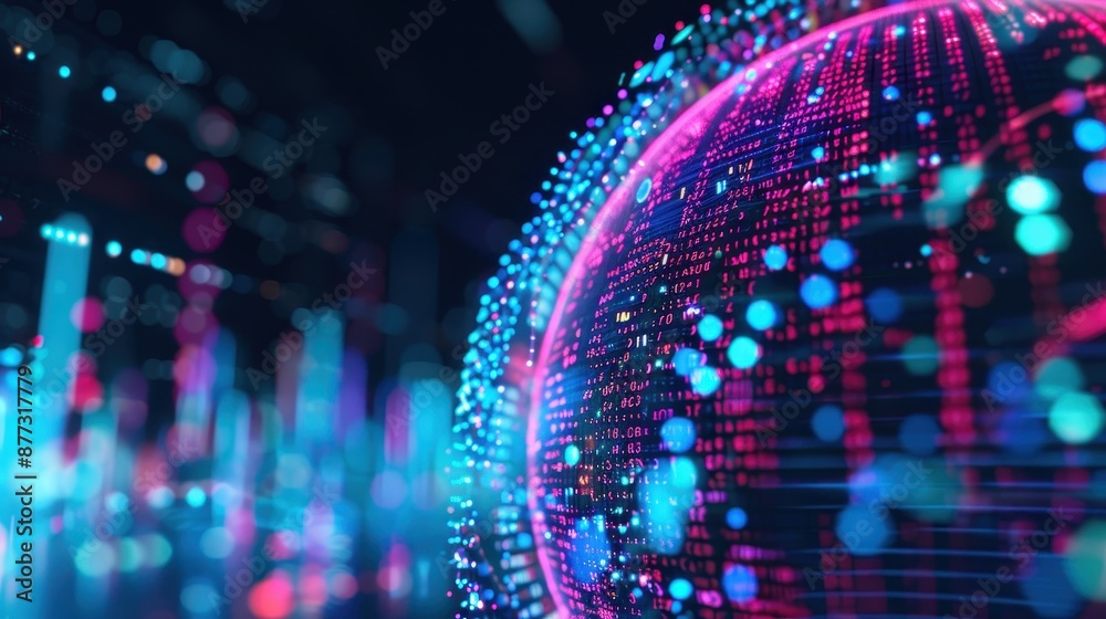Poster Abstract digital globe with neon lights and data points representing global connectivity and futuristic technology.