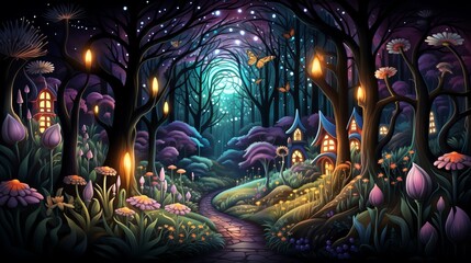 Enchanting magical forest path with glowing lanterns, fairy houses, and vibrant flowers under a starlit sky, evoking fantasy and wonder.