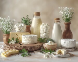 Dairy Delights - Realistic 3D Render of Milk, Yogurt, and Cheese Assortment on Table with Detailed Modeling and Lighting