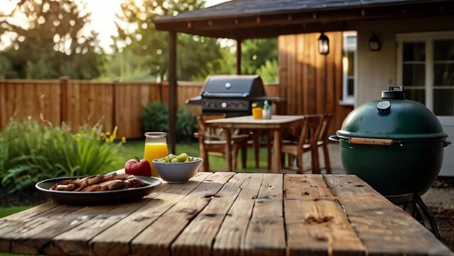 Backyard Patio with Wooden Table, Grill, and Food