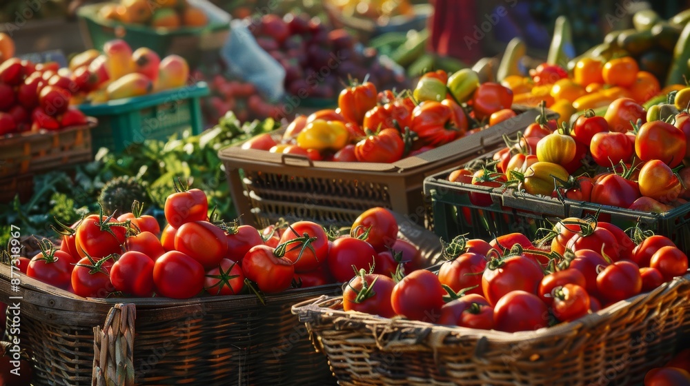 Wall mural bustling market scene with fresh produce: tomatoes in baskets for food photography or print design