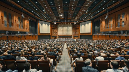 Large conference hall filled with delegates and banners. 