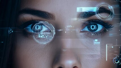 Woman interacts with transparent augmented reality display, featuring computer-generated holographic ui elements overlaying her face - Powered by Adobe