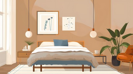 A cozy bedroom with a large bed, a plant, and two hanging light fixtures.  The walls are painted a warm, earthy color.