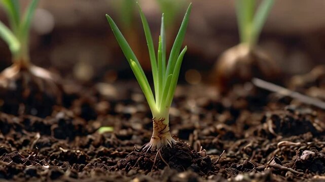 Close-up of Onion Seedlings Emerging from the Soil