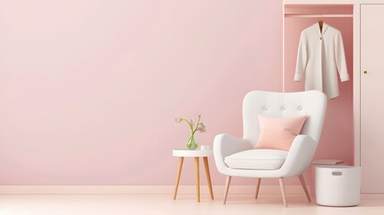 A white armchair with a pink pillow sits in a minimalist room with a pink wall.  A small side table and a vase with flowers complete the scene.