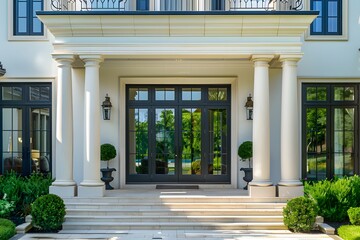 Fototapeta premium A detailed photo of a luxury home's exterior with a smart home automation system, highlighting a seamless home audio and visual integration. 