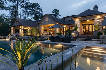 A detailed photo of a luxury home's backyard with a smart home automation system, highlighting automated pool controls and smart landscape lighting.