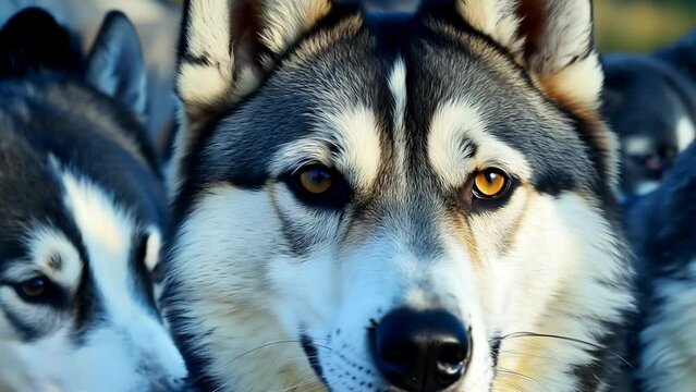 Close-up montage of alert siberian huskies with intense gaze and focused expressions. Pack of wolf-like dogs in natural light, showcasing their striking fur and expressive eyes