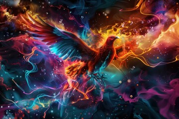 Obraz premium Cosmic Phoenix, Vibrant phoenix in space, Mythical and powerful
