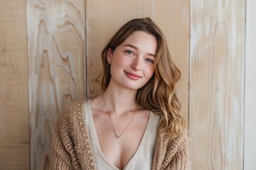 Fototapeta premium Portrait of a glad caucasian woman in her 20s wearing a chic cardigan on light wood minimalistic setup