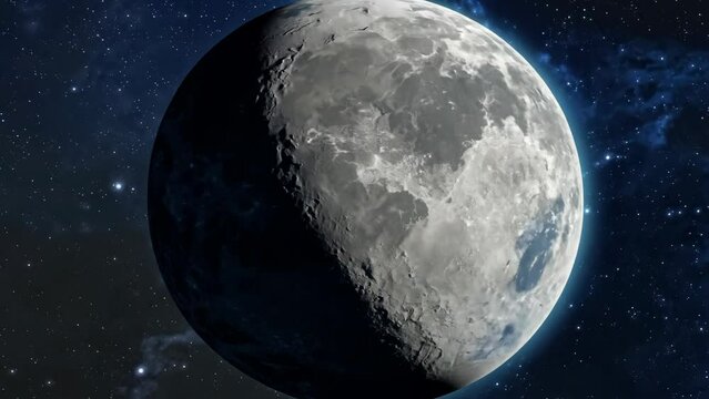 Detailed half moon with craters and lunar textures against a starry space backdrop. Zoom in on this stunning celestial object in the night sky
