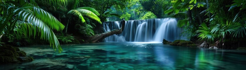 Fototapeta premium Tropical Waterfall, Lush jungle with cascading waterfall, Refreshing and exotic