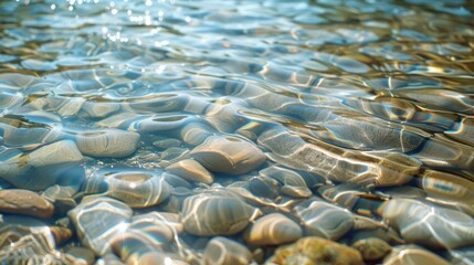 Fototapeta premium A tranquil scene of clear water rippling gently, reflecting light, creating a serene and calming visual effect.
