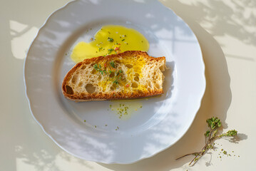 Bruschetta, Italian Puglian bread with oregano and olive oil. Italian simple cuisine, iconic Italian ingredients. Sun glare, natural eco style