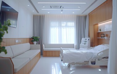 Modern white hospital room with wooden accents and comfortable seating