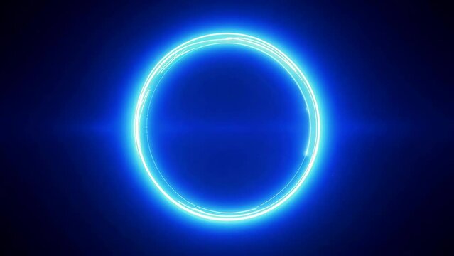 Mesmerizing neon blue circle rotates against a dark background, creating dynamic light effects and futuristic illumination. Perfect for projects needing a vibrant and modern touch