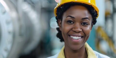 Joyful black female worker in industrial setting. Concept Industrial Setting, Black Female Worker, Joyful Portrait